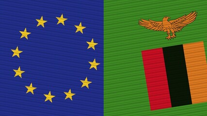 Zambia and European Union Flags Together - Fabric Texture Illustration