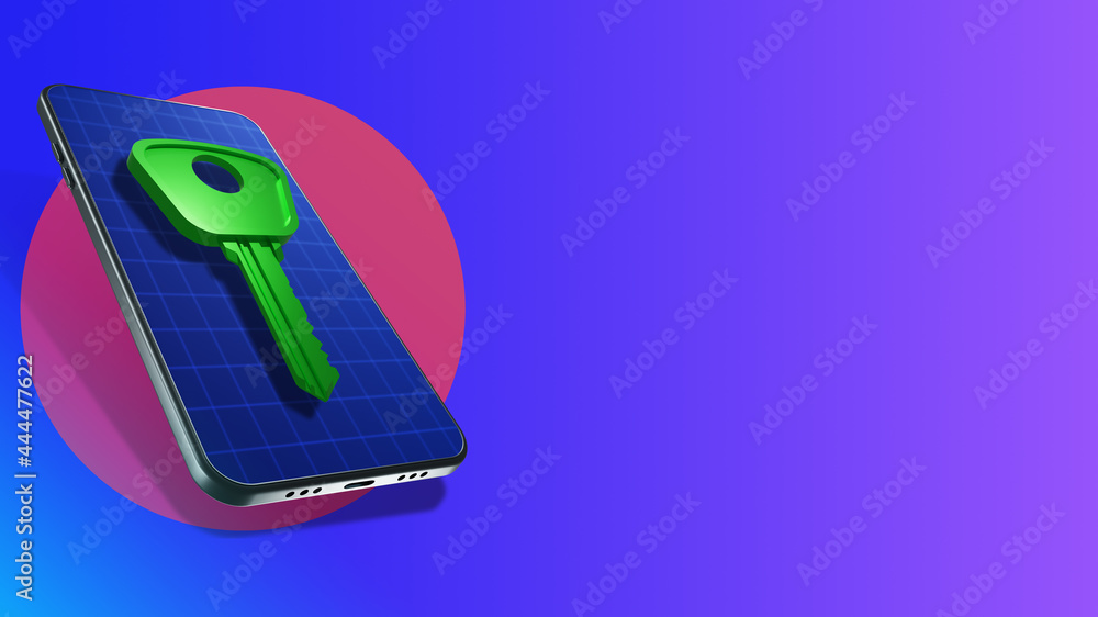 Poster mobile security concept. secure internet connection. realistic smartphone on blue background. smart 