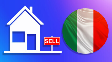 Sell house in Italy. Italy flag next to sell sign. Concept - real estate search in Italy. Buying home in Europe. Italian real estate. House on blue background. 3d visualization.