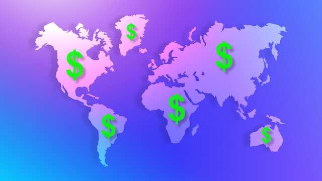 World map with dollar symbols. Transnational business background. Dollar sign symbolizes financial relationships. Financial relationships between countries. Background with continents. 3d image