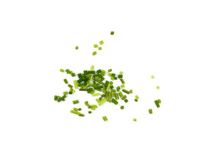 Chopped chives isolated. Fresh green chopped chives isolated on white background. - obrazy, fototapety, plakaty