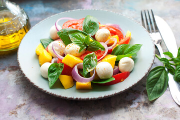Salad with mango, mozzarella, basil, red onion, tomatoes and olive oil on blue plate on gray background