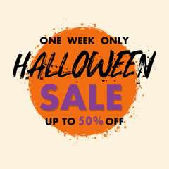 Halloween sale banner. Festive discount text. Vector grunge brush. Special offer price sign. Discount offer price sign. Sale banner.