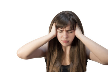 Fototapeta premium Young beautiful girl on an isolated background holds her head with her hands