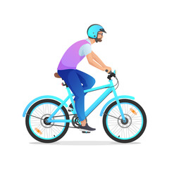 Blue retro bicycle, cycle, bike with man, boy in purple vest isolated on white background. Vector illustration for design, flyer, poster, banner, web, advertising.