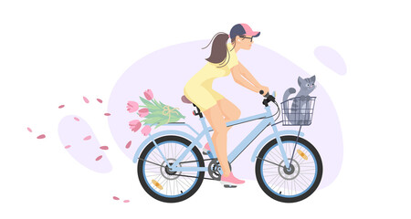 Woman, girl in yellow dress on blue bicycle, cycle, bike with pink flower and cute kitten, cat isolated on white background. Vector illustration for design, flyer, poster, banner, web, advertising.