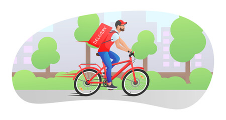 Fototapeta na wymiar Red bicycle, cycle, bike with man, courier and delivery box on view of the city isolated on white background. Vector illustration for design, flyer, poster, banner, web, advertising.