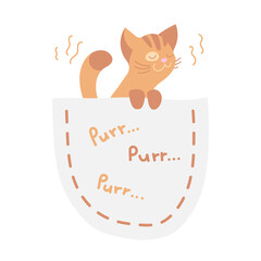 Cute purring ginger kitten, cat  sitting in the pocket isolated on whte. Vector illustration for postcard, banner, decor, design, arts, web, calendar, advirtising. 