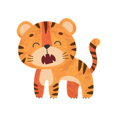 Cute yawn tiger, tiger cub with close eyes, brown stripes, symbol of new 2022 year on white background. Vector illustration for postcard, banner, web, decor, design, arts, calendar.