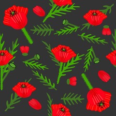 Poppy red, a bright pattern of flowers, fruits and leaves on a black background for printing on textiles, paper, for decoration and creativity