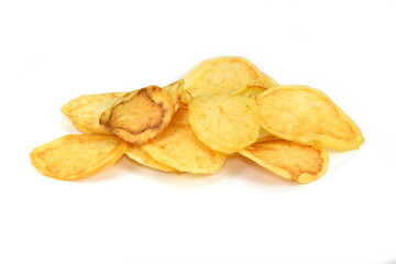 Salty Potato chips isolated on white background.