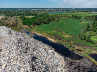 Aerial view of huge rubbish dump. Trash and garbage landfill. Ecology problem, nature pollution....