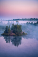Morning fog on the water in Konduki, Tula oblast, Russia. Nature landscape