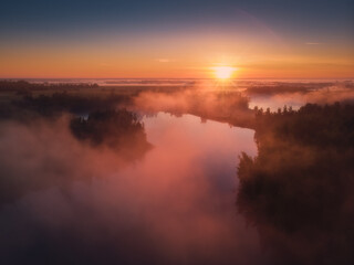 Aerial drone view of nature landscape. Colorful sunrise in Romantsevskiye Gory, Konduki in morning. Tula oblast, Russia. Popular weekend destination