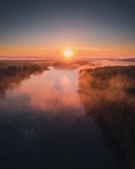 Aerial drone view of nature landscape. Colorful sunrise in Romantsevskiye Gory, Konduki in morning. Tula oblast, Russia. Popular weekend destination