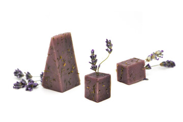 Organic cheese with lavender flowers isolated on white background. Lavender food products.