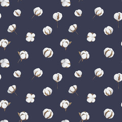 Watercolor cotton seamless pattern on dark blue background