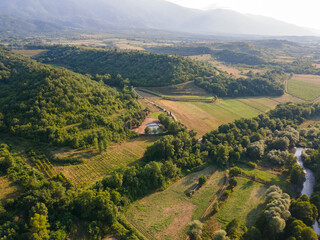 Aerial Sunset view of Petrich valley, Bulgaria