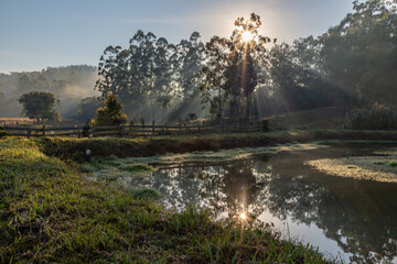 Fototapeta na wymiar Farm field with lake at sunrise