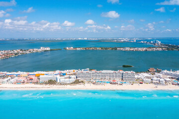 Aerial view of Punta Norte beach, Cancun, Mexico. Beautiful beach area with luxury hotels near the Caribbean sea in Cancun, Mexico.