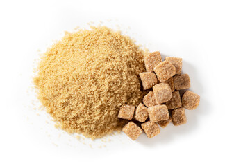 Brown cane sugar powder and sugar cubes on a white background.