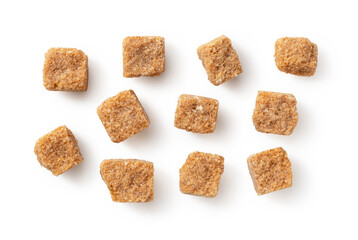Brown cane sugar cubes placed on a white background.