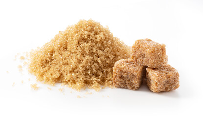Brown cane sugar powder and sugar cubes on a white background.