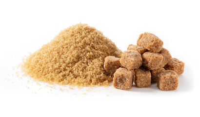Brown cane sugar powder and sugar cubes on a white background.