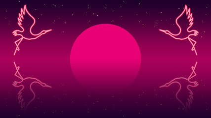 Neon cranes flying in the starry sky, reflected in the water. Sunset. Abstract background. Vector graphics. It can be used in the design of cover art, screen saver, book design, poster, flyer, CD cove