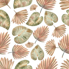 Seamless patterns with tropical leaves in boho style on a white isolated background. Watercolor illustration