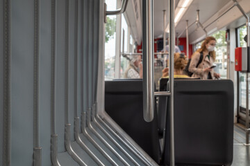 Selected focus view at folding bellows and Centre Hoop System on the Light rail tram and blur...