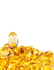 Fish oil capsules isolated on white background. Close-up. Copy space. 