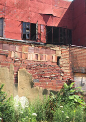 Abandoned building of red brick, fake brick finish and broken windows framed by overgrown weeds in the American Midwest.