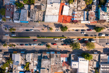 Aerial view of the Tulum town from above. Small Mexican village near Cancun.