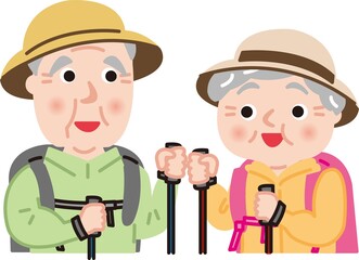シニア夫婦の秋登山のイラスト
