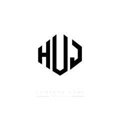 HUJ letter logo design with polygon shape. HUJ polygon logo monogram. HUJ cube logo design. HUJ hexagon vector logo template white and black colors. HUJ monogram, HUJ business and real estate logo. 