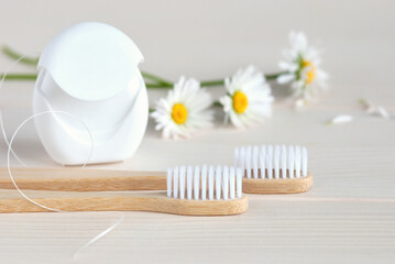Fototapeta na wymiar Toothbrushes, dental floss and white daisies, copy space