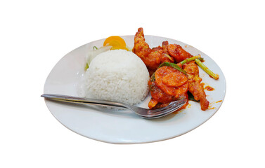 A plate rice, carrots and balado prawns covered with kentucky flour  isolated on white background. Illustration of food menu at seafood restaurant.