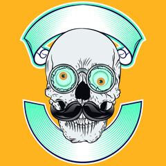 illustration of skull in tattoo style with roses background and cool text.