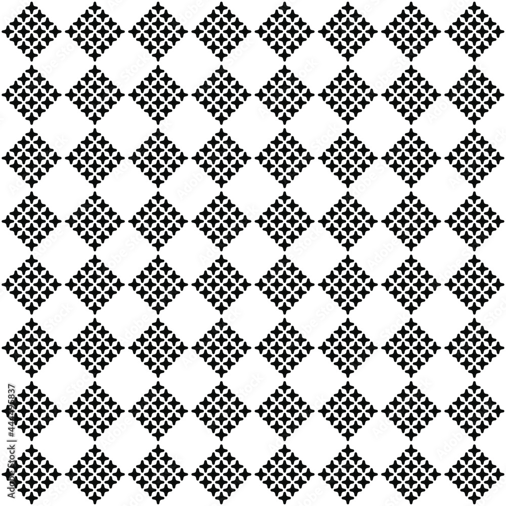 Poster Twelve identical shapes with four rays create a diagonal black square. The chess position of such pieces makes a seamless pattern. Vector.