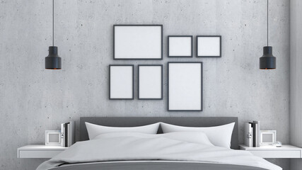 Mock up frame in bedroom,Interior loft style,Mockup poster,3d rendering,3d illustration