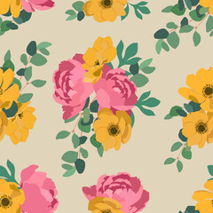 Yellow flowers anemone and pink peonies on beige background. Seamless vector illustration.