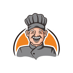 Smilling happy old chef senior character with grey outfit mascot logo design illustration vector