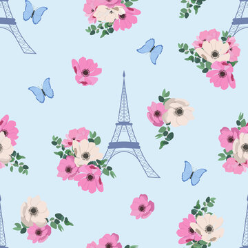 Seamless beautiful vector illustration of a stylized eiffel tower with anemone and butterflies on a blue background.