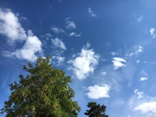 Pure white spring clouds in the clear sky above the Swiss city of St. Gallen, Switzerland (Schweiz)