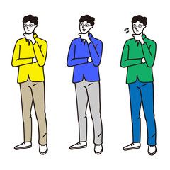 顎に手を当てて考える男性の全身ベクターセット