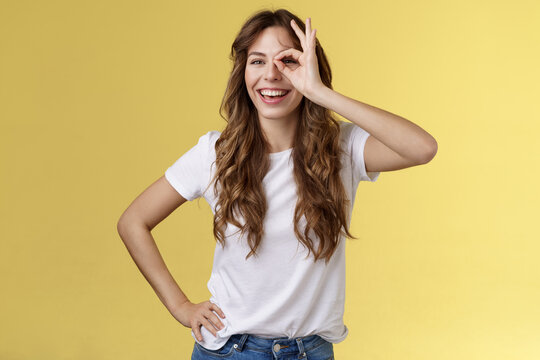 Everything Be Perfect Believe Yourself. Charismatic Confident Sassy Young Female Coworker Encourage Friend Try Hard Congratulate Excellent Job Smiling Broadly Look Through Ring Gesture