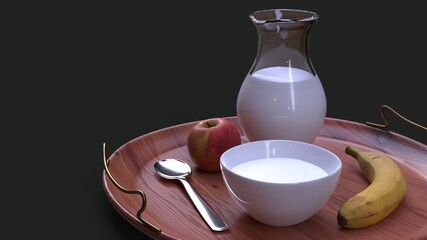 fruits and milk healthy breakfast on a tray 3D computer rendered illustration