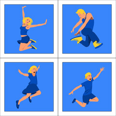 Collection of Cartoon people  (man,, woman, boy and girl)  wearing blue shorts and skirt are jumping very style on blue background.Vector isolate flat design concept for freedom and relaxing time