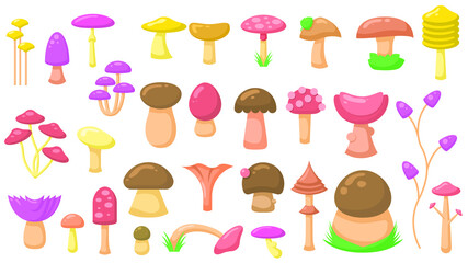 Set Abstract Collection Flat Cartoon  Different Color Mushrooms Concept Vector Design Style Elements With Shadows